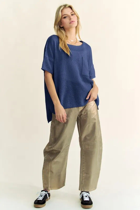 Blue Davi & Dani high-low round neck knit top with pocket
