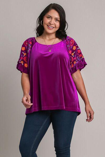 Umgee Full Size Velvet Embroidery Short Sleeve Blouse Blouses