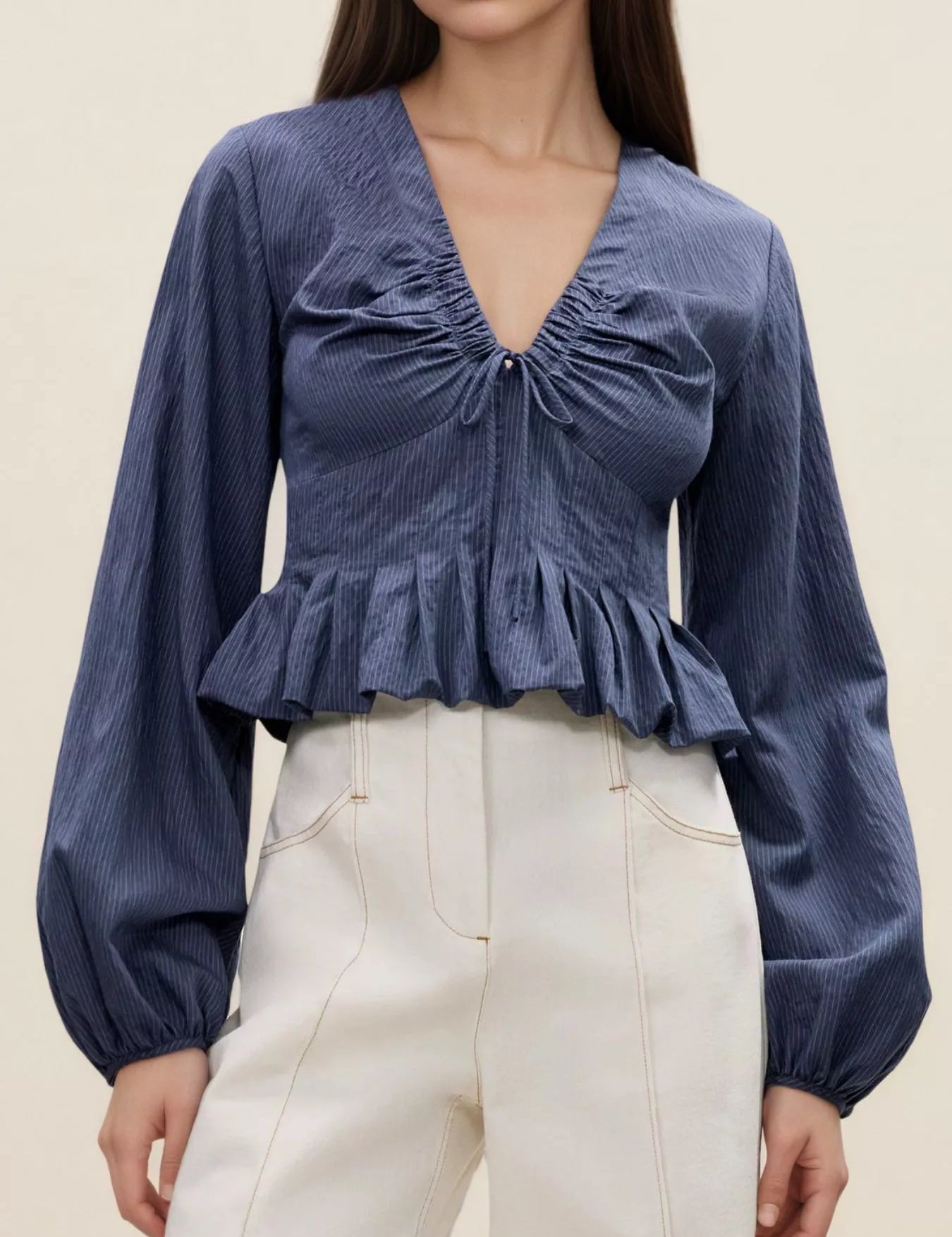 Navy Ruffled Hem Balloon Sleeve Blouse | Blouses Daverri Fashions