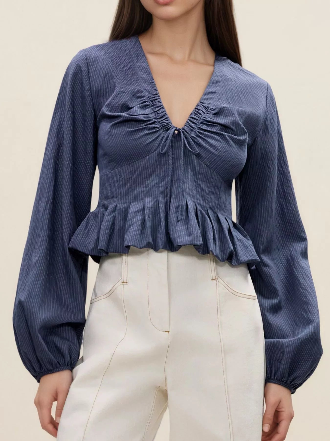 Navy Ruffled Hem Balloon Sleeve Blouse | Blouses Daverri Fashions