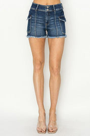 Dark L RISEN Raw Hem Denim Shorts with Pockets | Denim Shorts Daverri Fashions