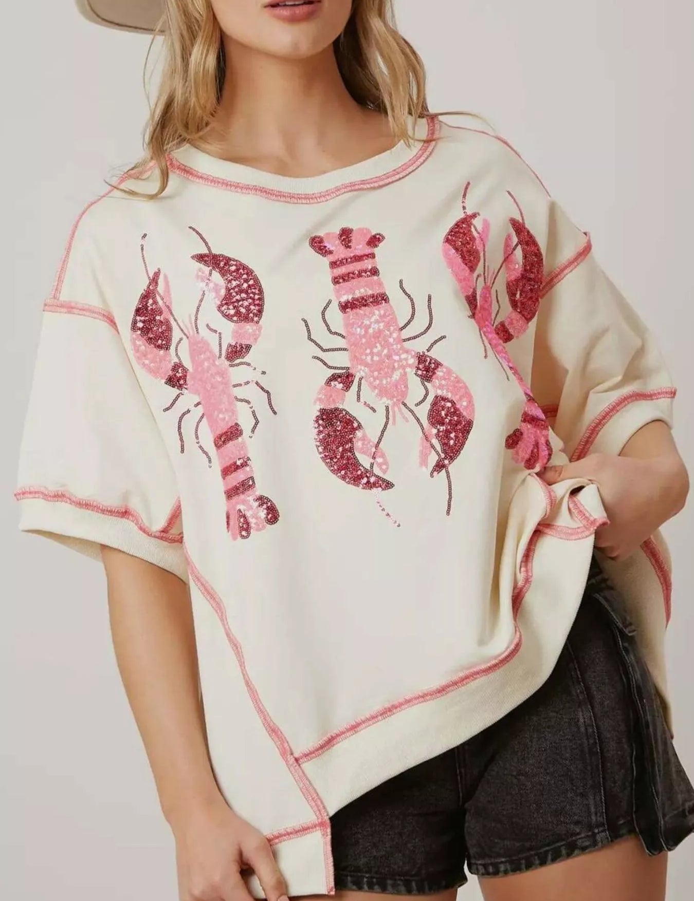 Ivory White Sequin Lobster Half Sleeve T-Shirt | T-Shirts Daverri Fashions