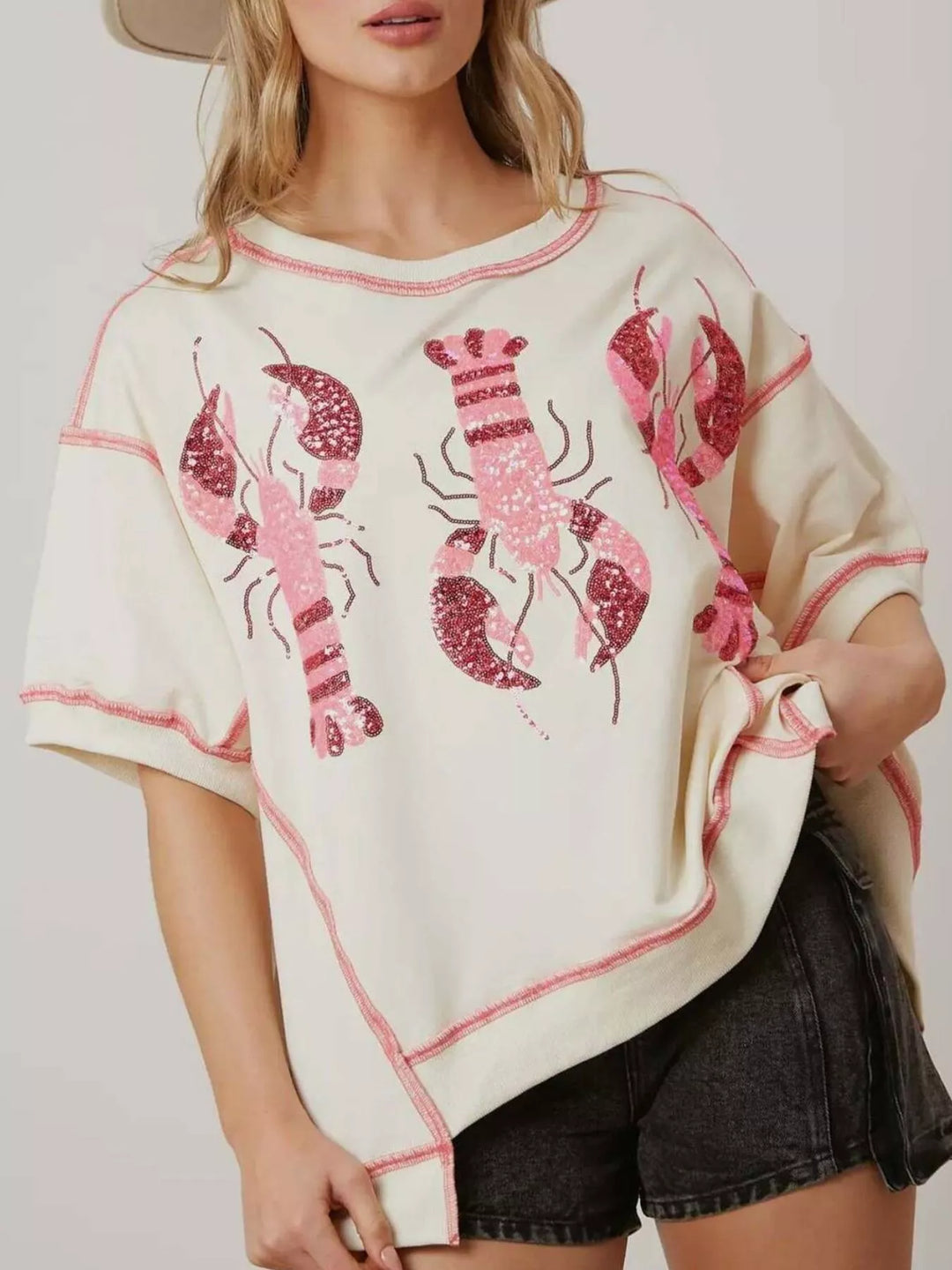 Ivory White Sequin Lobster Half Sleeve T-Shirt | T-Shirts Daverri Fashions
