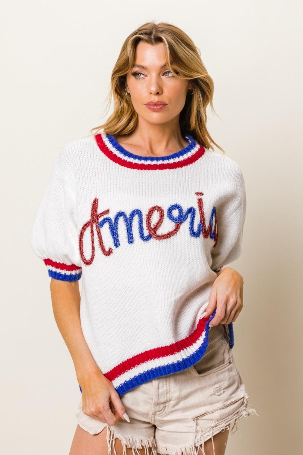 BiBi Metallic America Letter Short Sleeve Sweater Sweaters