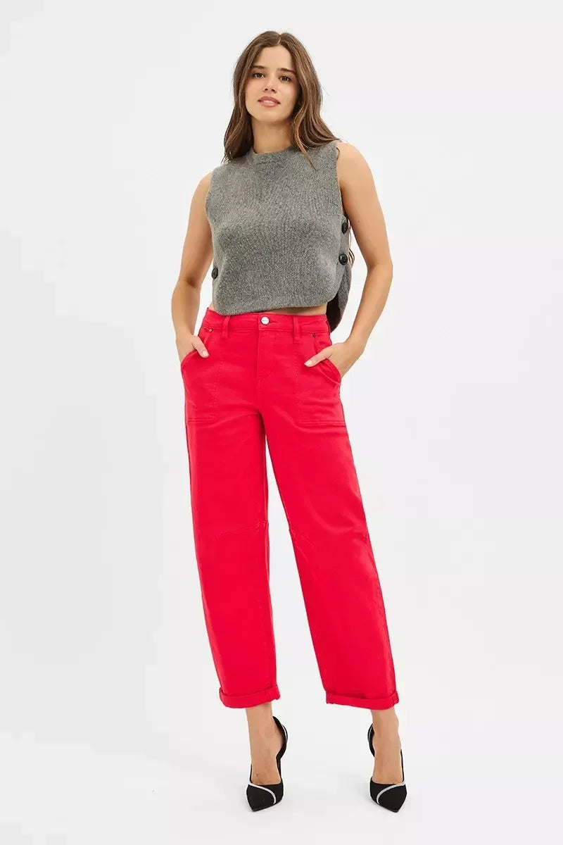 RISEN High Rise Ankle Cuffed Barrel Pants - DAVERRI FASHIONS