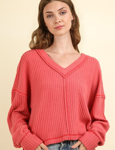 VERY J Exposed Seam V-Neck Ribbed Knit Top Coral M Tops