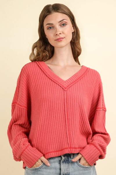 VERY J Exposed Seam V-Neck Ribbed Knit Top Coral M Tops