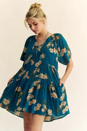 Davi & Dani Floral Print Short Bell Sleeve Pleated Mini Dress | Mini Dresses Daverri Fashions