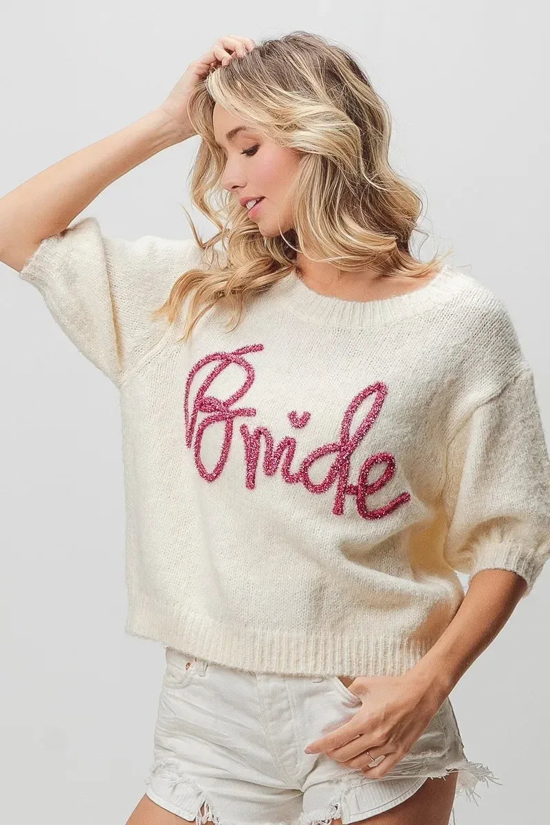 BiBi Metallic Letter Short Puff Sleeve Hairy Sweater - DAVERRI FASHIONS