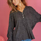 BiBi Textured Knit Hoodie: dark gray long-sleeved henley with buttons
