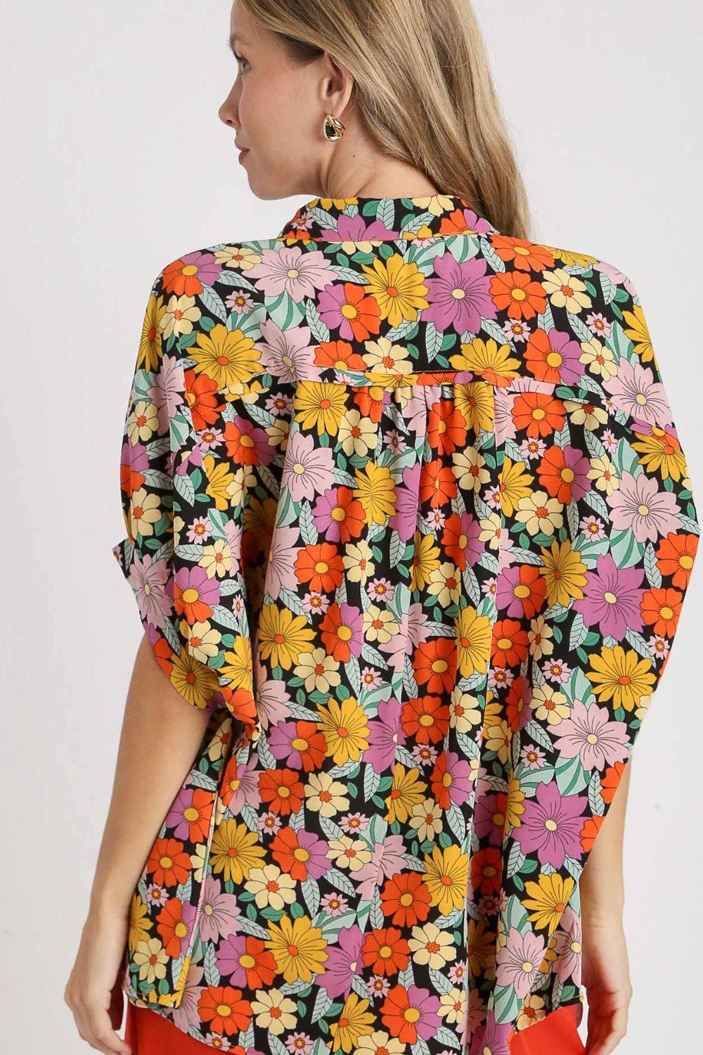 Umgee Full Size Flower Print Boxy Cut Button Down Shirt Shirts