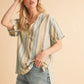 Aemi+Co Side Slit Striped Short Sleeve Blouse