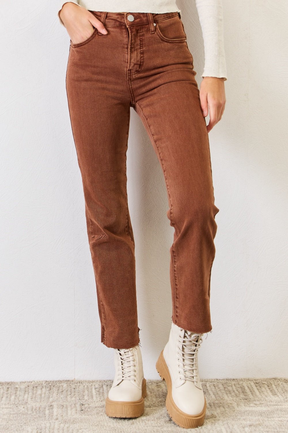 RISEN Full Size High Rise Tummy Control Straight Jeans Espresso 1