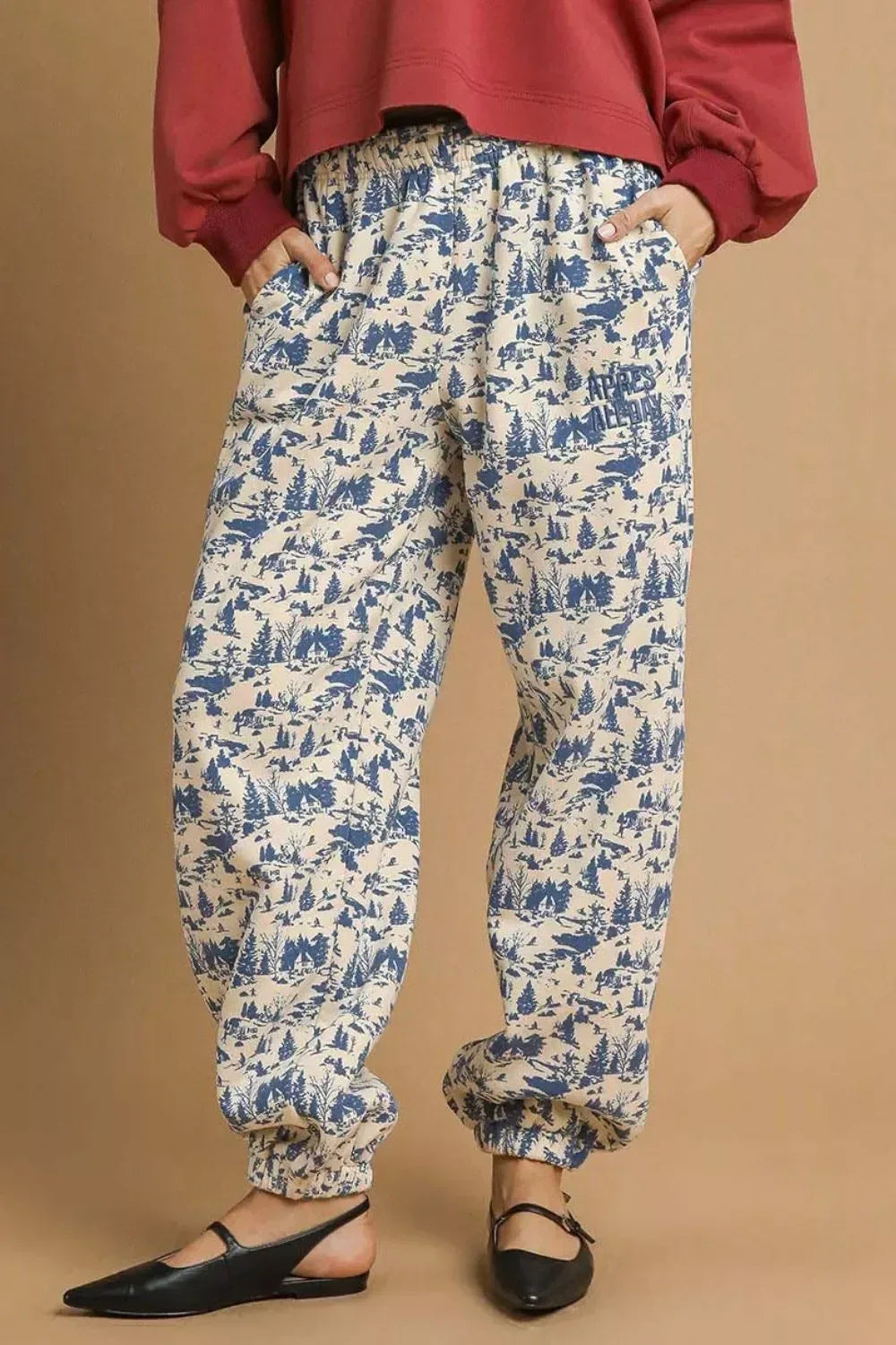 Umgee Scenic Print Casual Sweatpants Ecru - DAVERRI FASHIONS