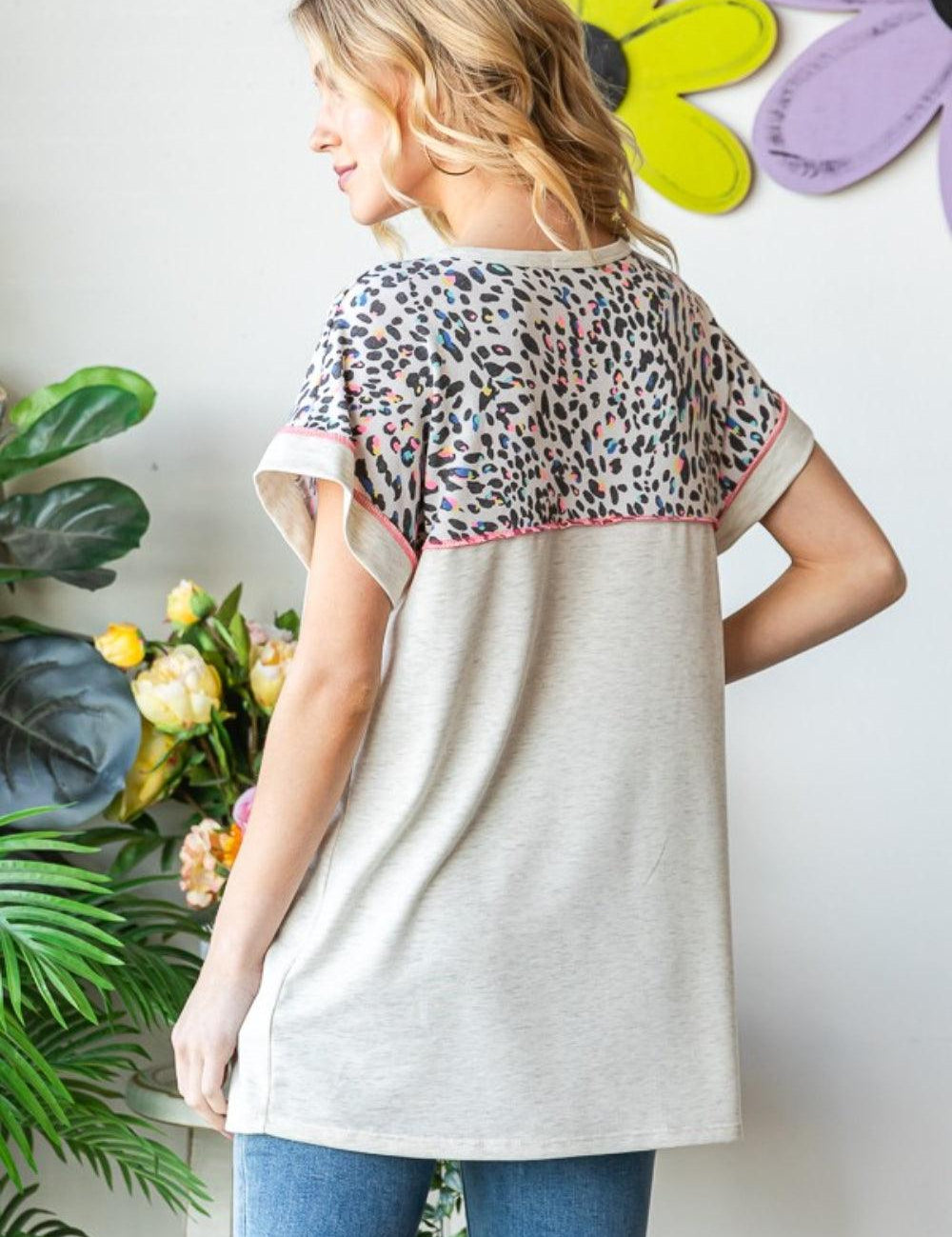 Heimish Full Size Exposed Seam Leopard Short Sleeve T-Shirt | Daverri Fashions