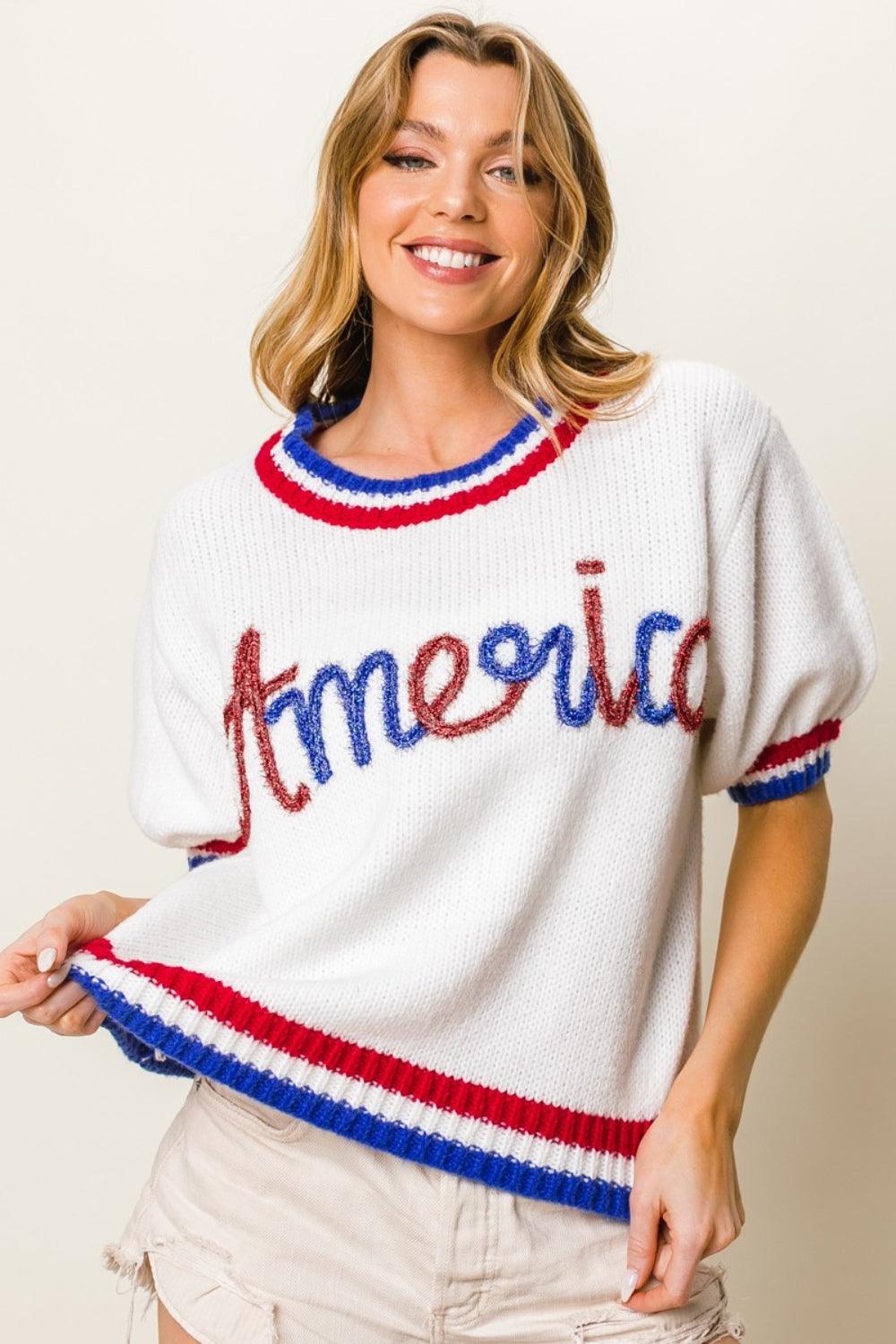 BiBi Metallic America Letter Short Sleeve Sweater Sweaters