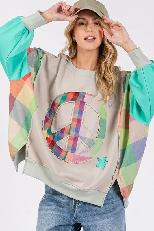 SAGE + FIG Contrast Peace Patch Dropped Shoulder Sweatshirt SPEARMINT MULTI Sweatshirts