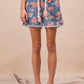 BiBi floral print denim shorts with pink drawstring, braided belt, pockets