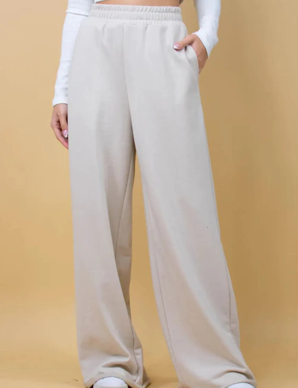 Beige Elastic Waist Wide Leg Pants | Pants Daverri Fashions