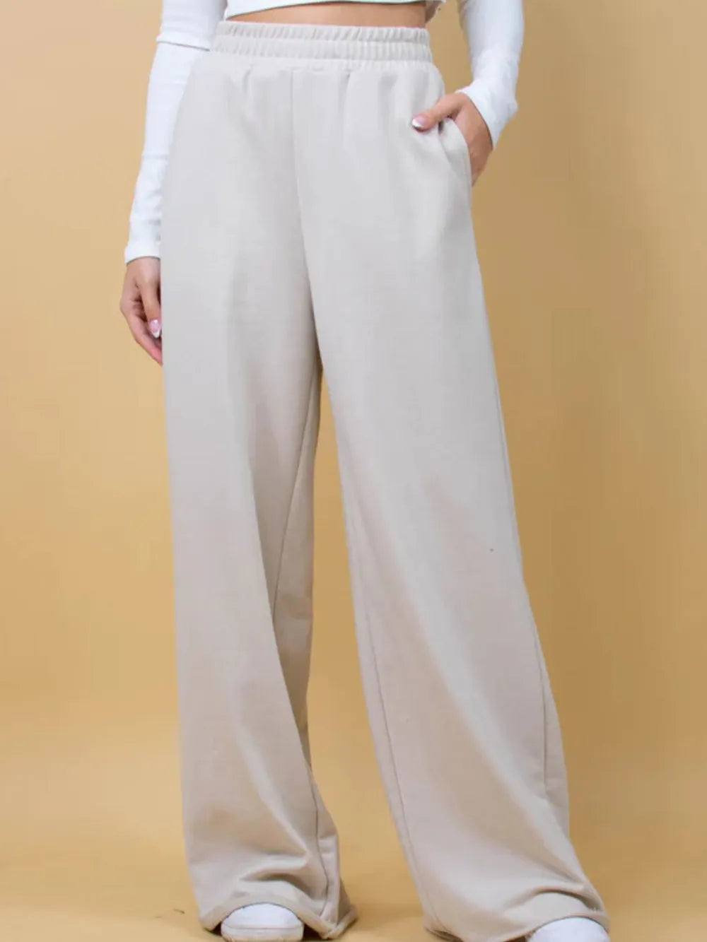 Beige Elastic Waist Wide Leg Pants | Pants Daverri Fashions