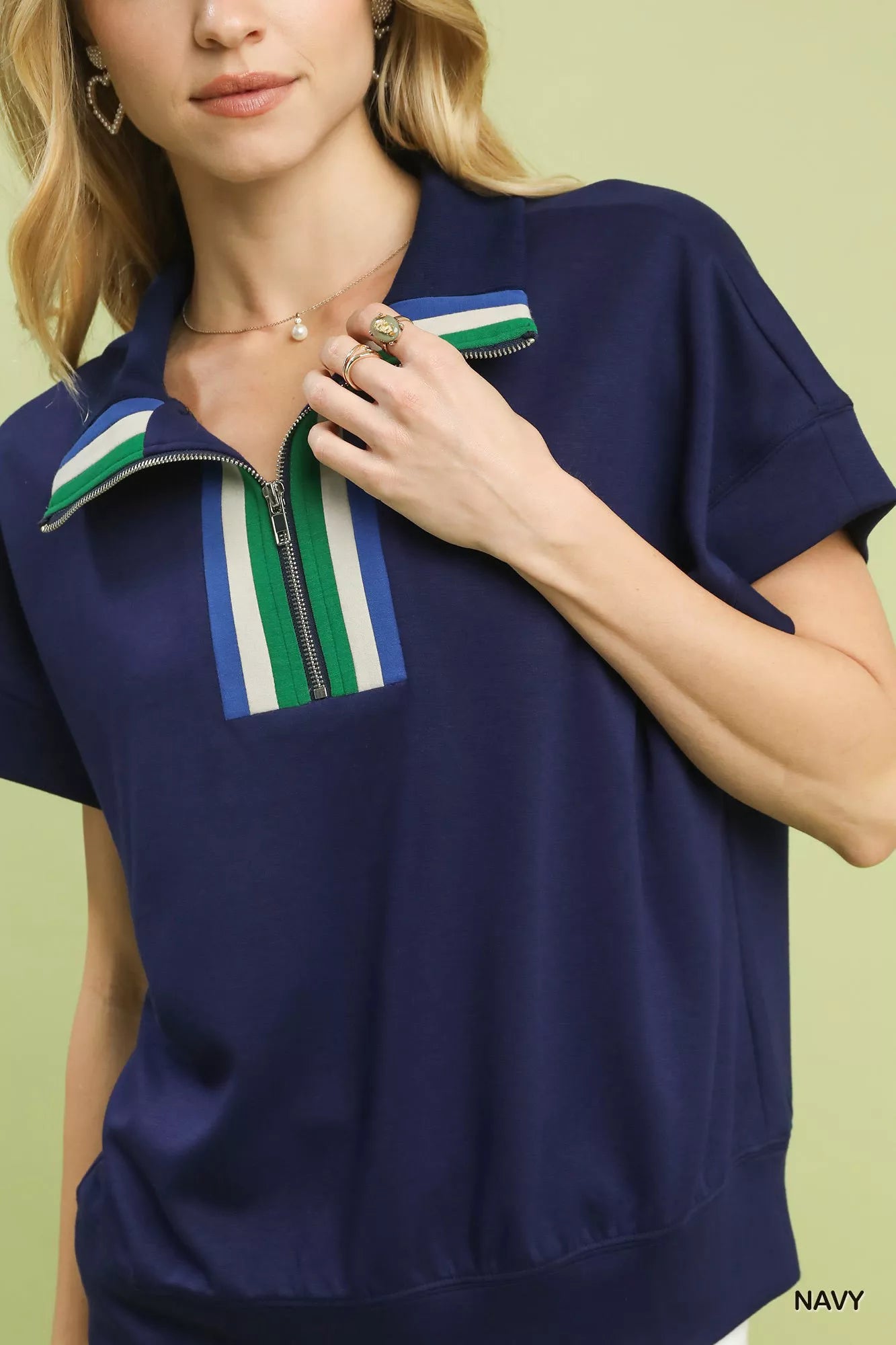 Umgee navy blue striped collared half-zip short-sleeve top