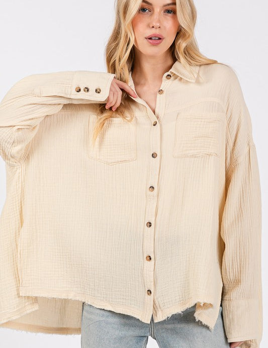 SAGE + FIG Frayed Hem Side Slit Button Down Shirt