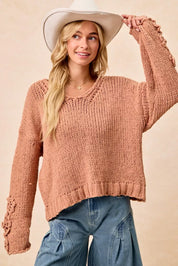 BiBi Chunky Knit Sweater with Flower Detail Sleeves | Sweaters Daverri Fashions
