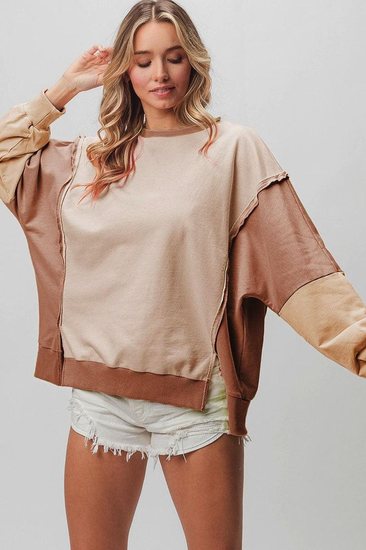 BiBi Washed Color Block Sweatshirt Taupe Mocha Oatmeal