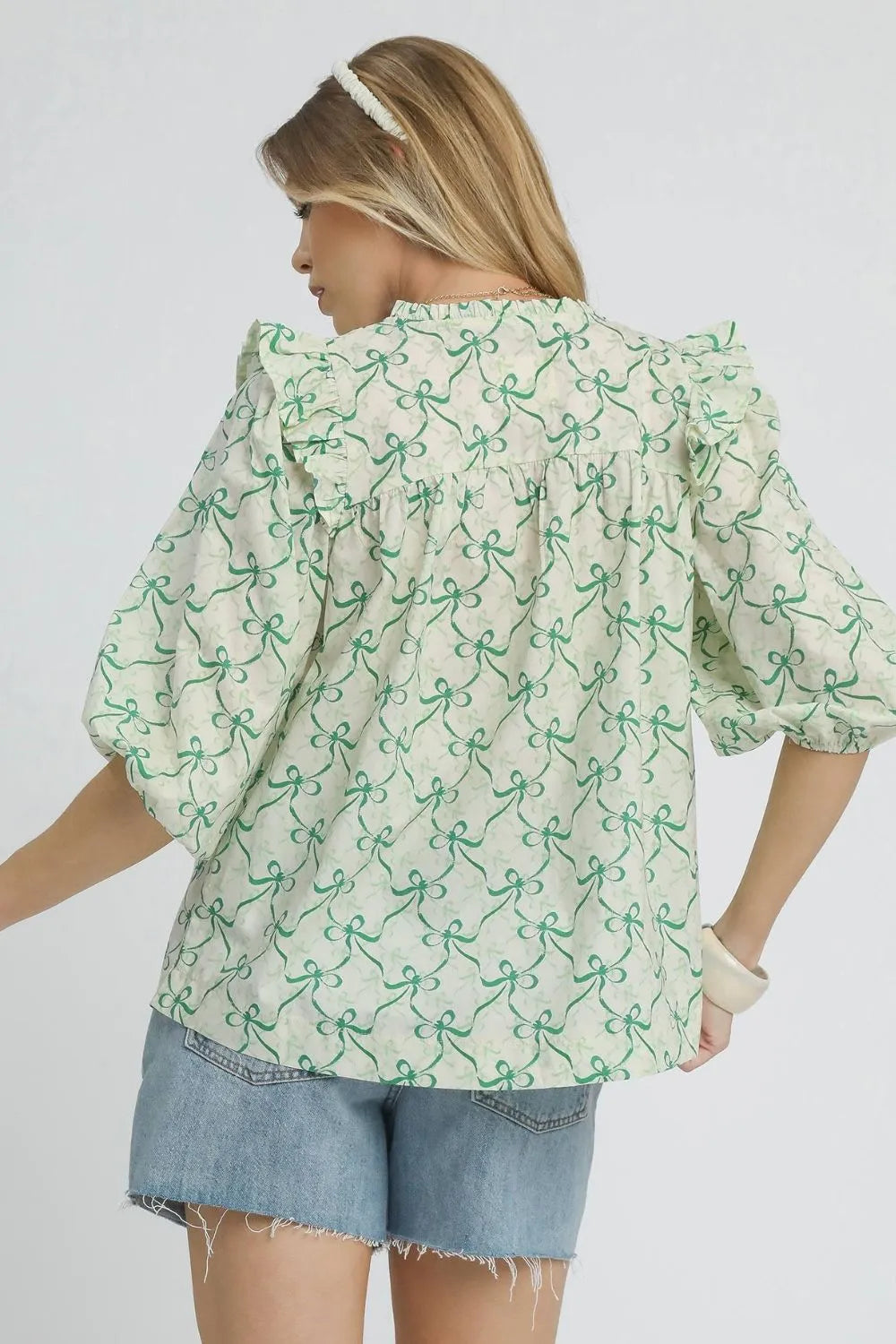 Umgee Ruffled Bow Print Notched Blouse | Daverri Fashions