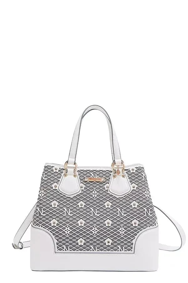 Monogram Pattern Handbag with Rhinestones Decor - DAVERRI FASHIONS