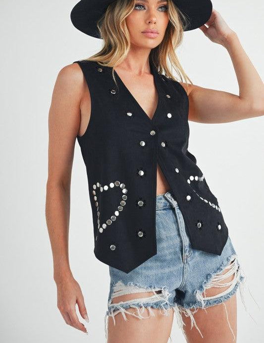 Black S Aemi + Co Heart Rivet Detail Suede Vest Coat S | Vests Daverri Fashions