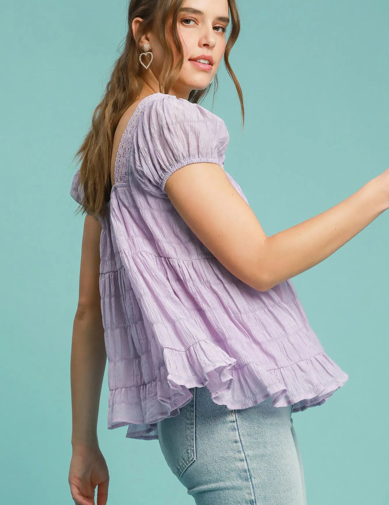 Umgee Textured Square Neck Bow Tie Blouse with Ruffle Hem | Blouses Daverri Fashions