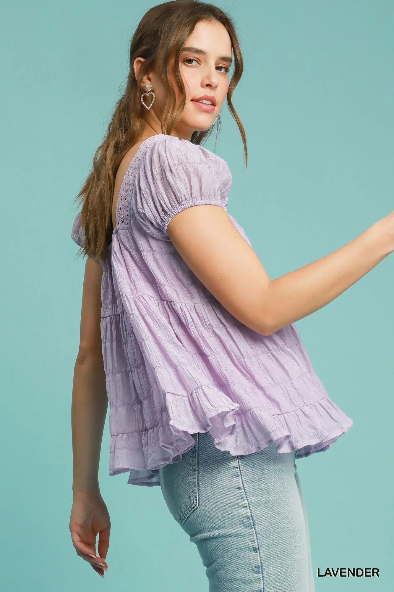 Umgee Textured Square Neck Bow Tie Blouse with Ruffle Hem | Blouses Daverri Fashions