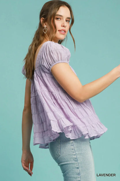 Umgee Textured Square Neck Bow Tie Blouse with Ruffle Hem - DAVERRI FASHIONS