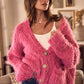 Fluffy pink SO ME cozy loose-fit hairy knit cardigan with wooden buttons