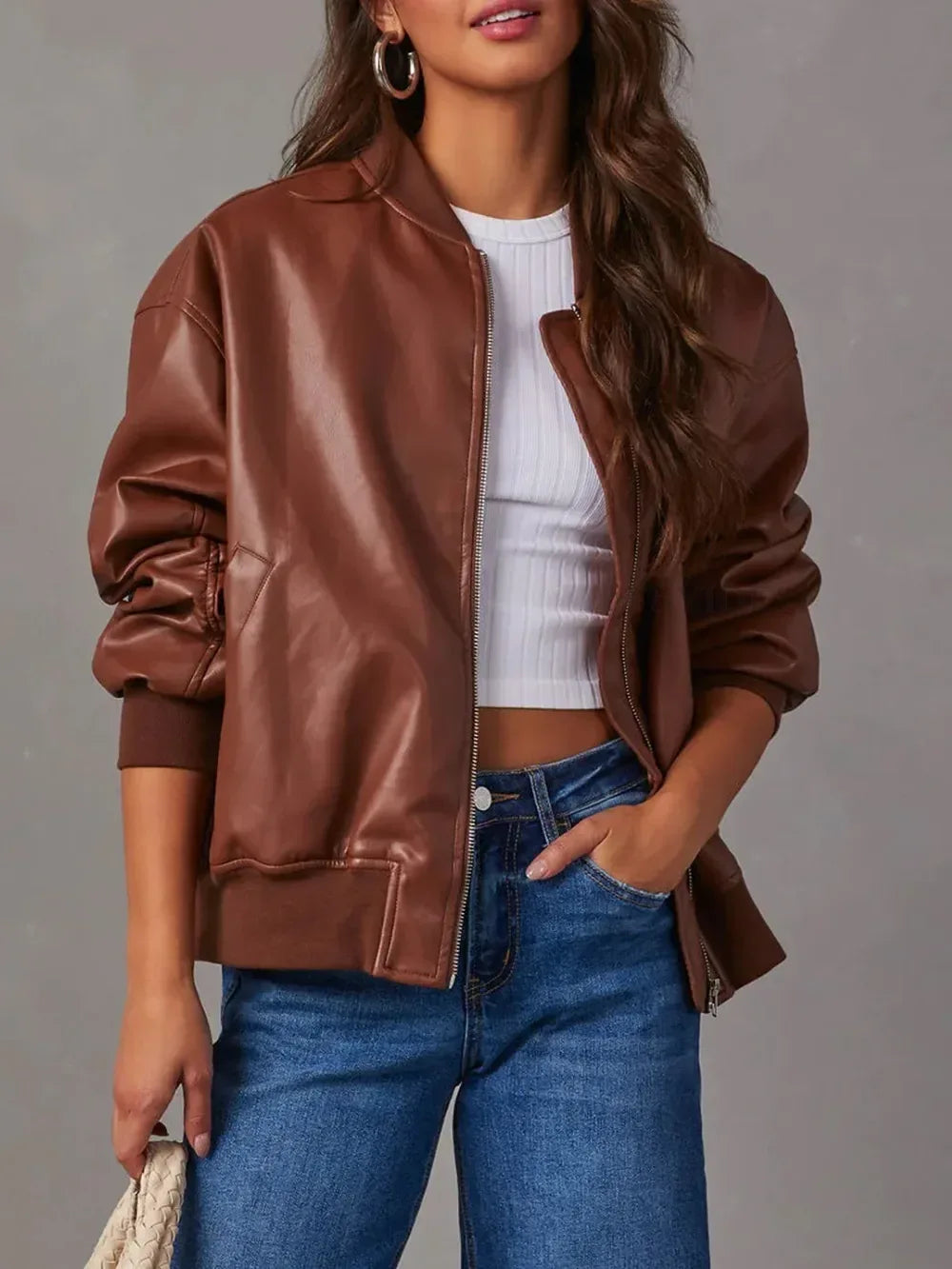 Zip Up Long Sleeve Bomber Jacket - DAVERRI FASHIONS