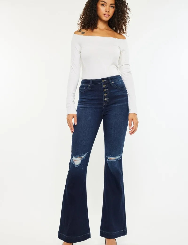 Kancan Button Fly High Rise Distressed Flare Jeans | Jeans Daverri Fashions