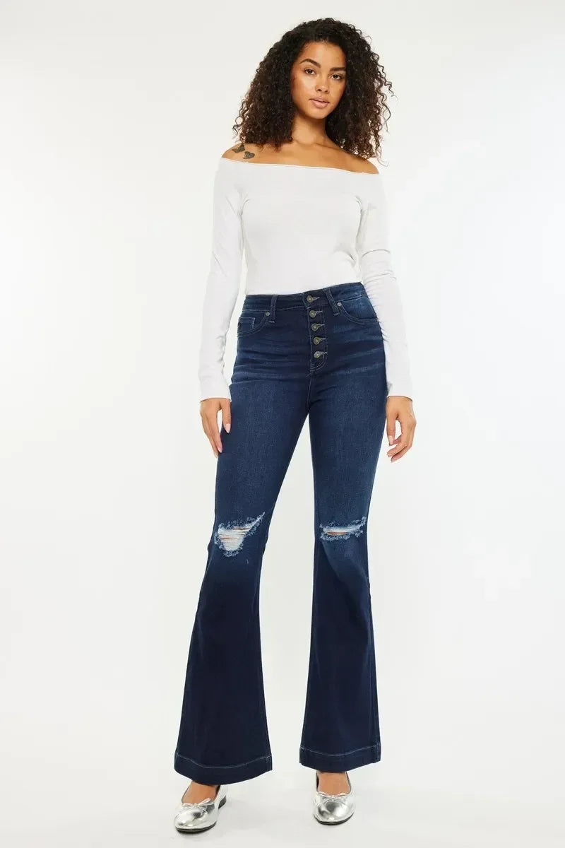 Kancan Button Fly High Rise Distressed Flare Jeans - DAVERRI FASHIONS