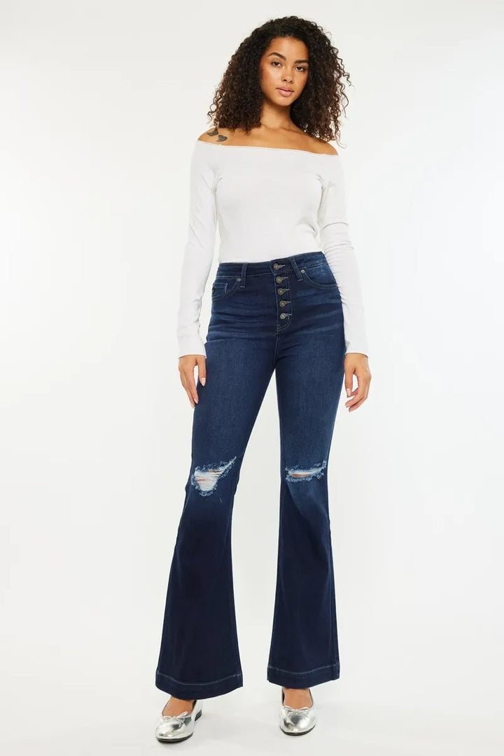 Kancan Button Fly High Rise Distressed Flare Jeans Jeans