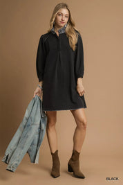Umgee French Terry Balloon Sleeve Shift Dress with Leopard Print Detail | Mini Dresses Daverri Fashions