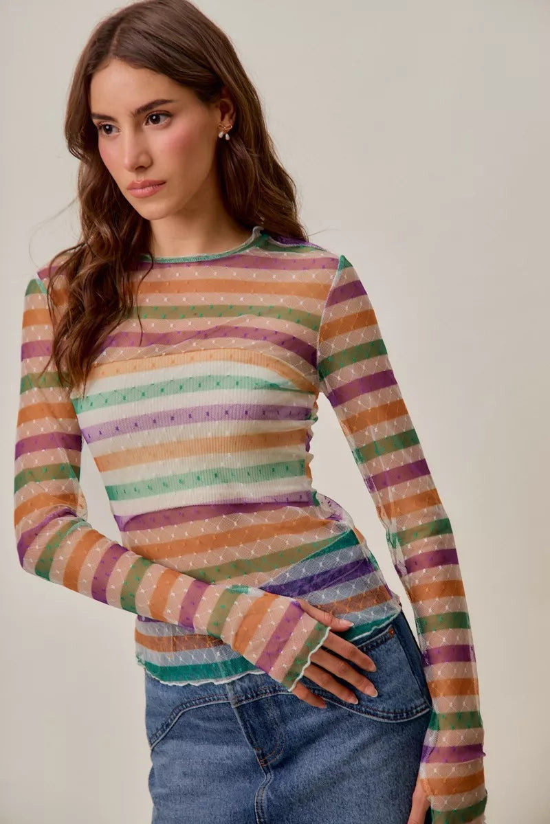 SO ME Mardi Gras Color Stripe Stretch Mesh Top in pastel stripes