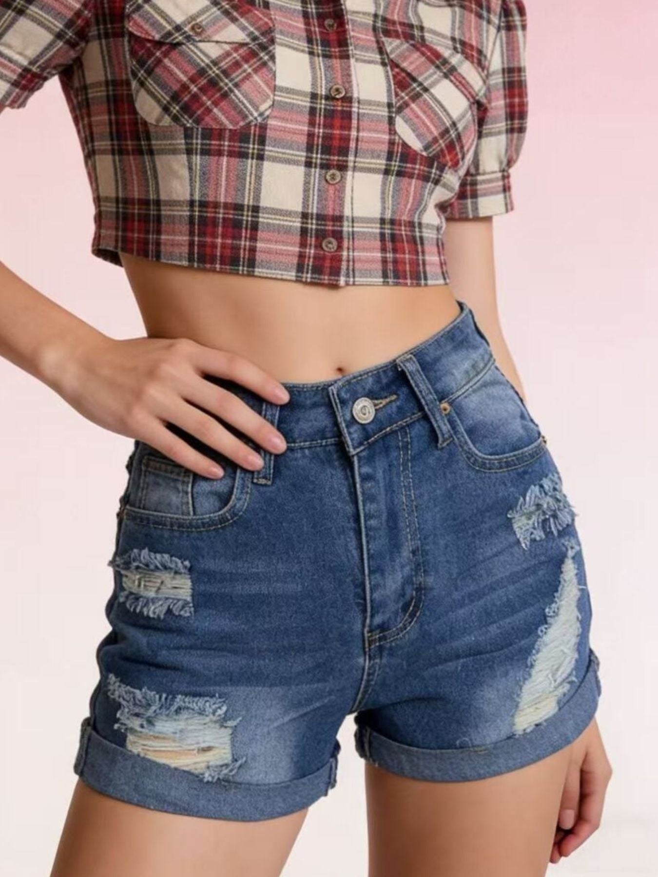 Daverri distressed high-waisted denim shorts, blue with frayed patches and rolled cuffs