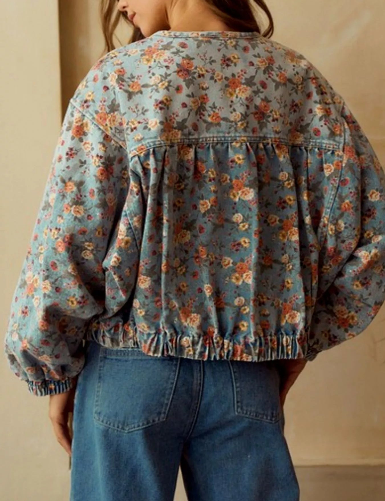 Floral Print Zip Up Cropped Denim Jacket | Denim Jackets Daverri Fashions