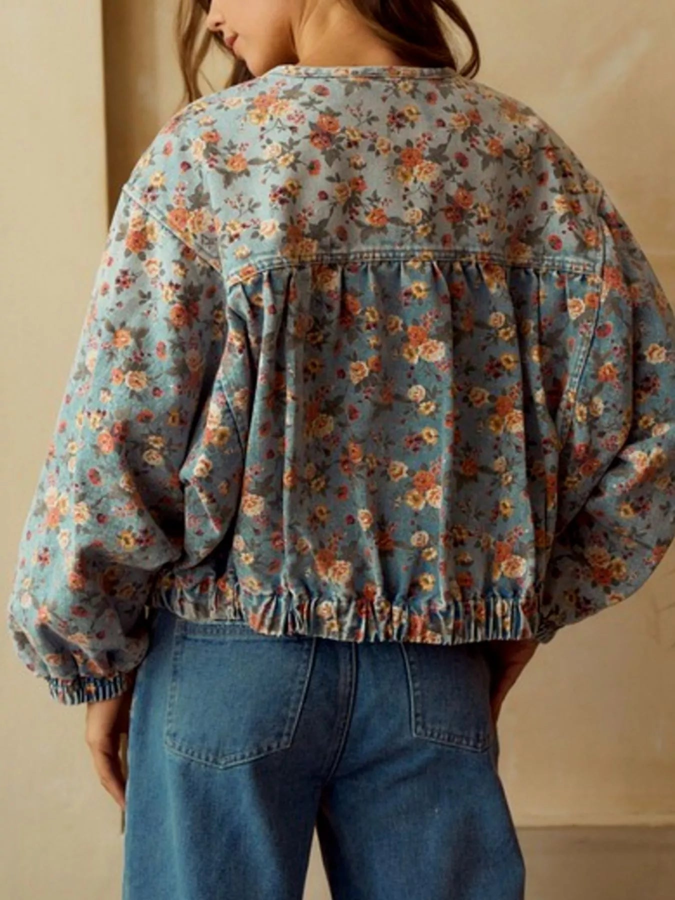 Floral Print Zip Up Cropped Denim Jacket | Denim Jackets Daverri Fashions