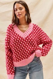 SO ME Color Block Textured Christmas Sweater V Neck Top | Sweaters Daverri Fashions