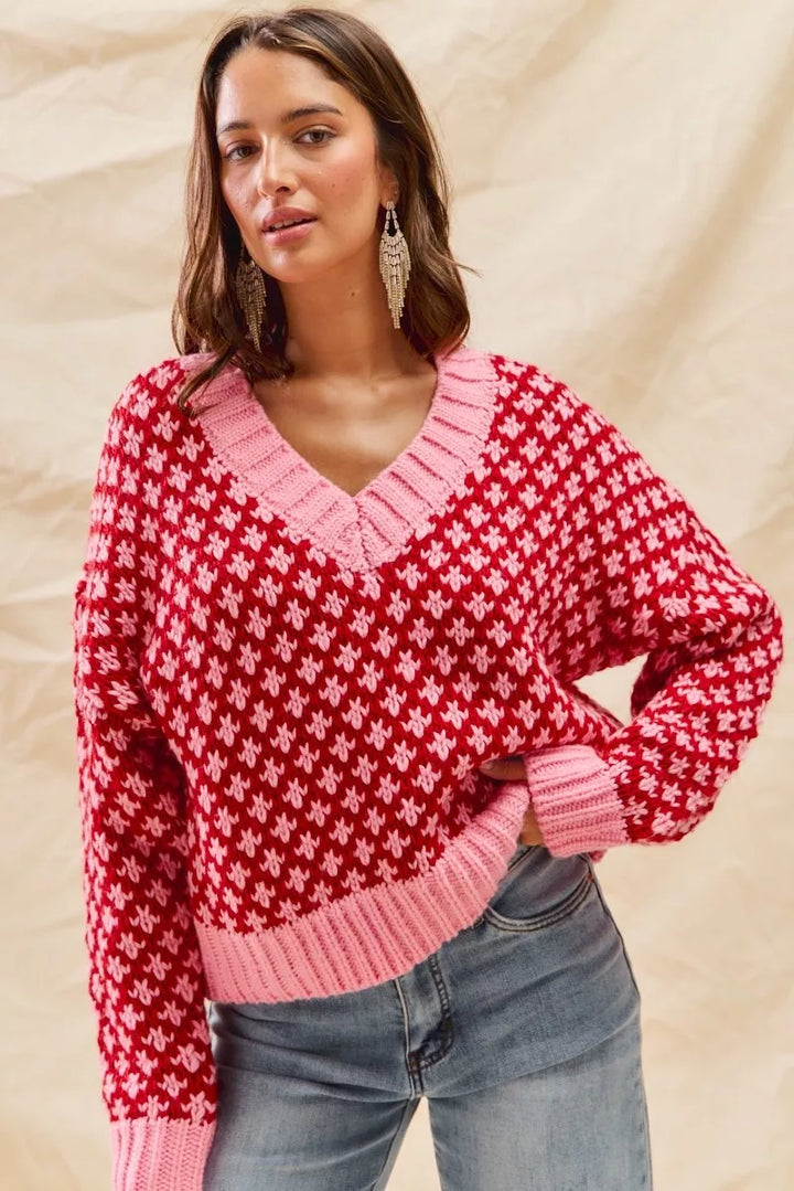 SO ME Color Block Textured Christmas Sweater V Neck Top | Sweaters Daverri Fashions
