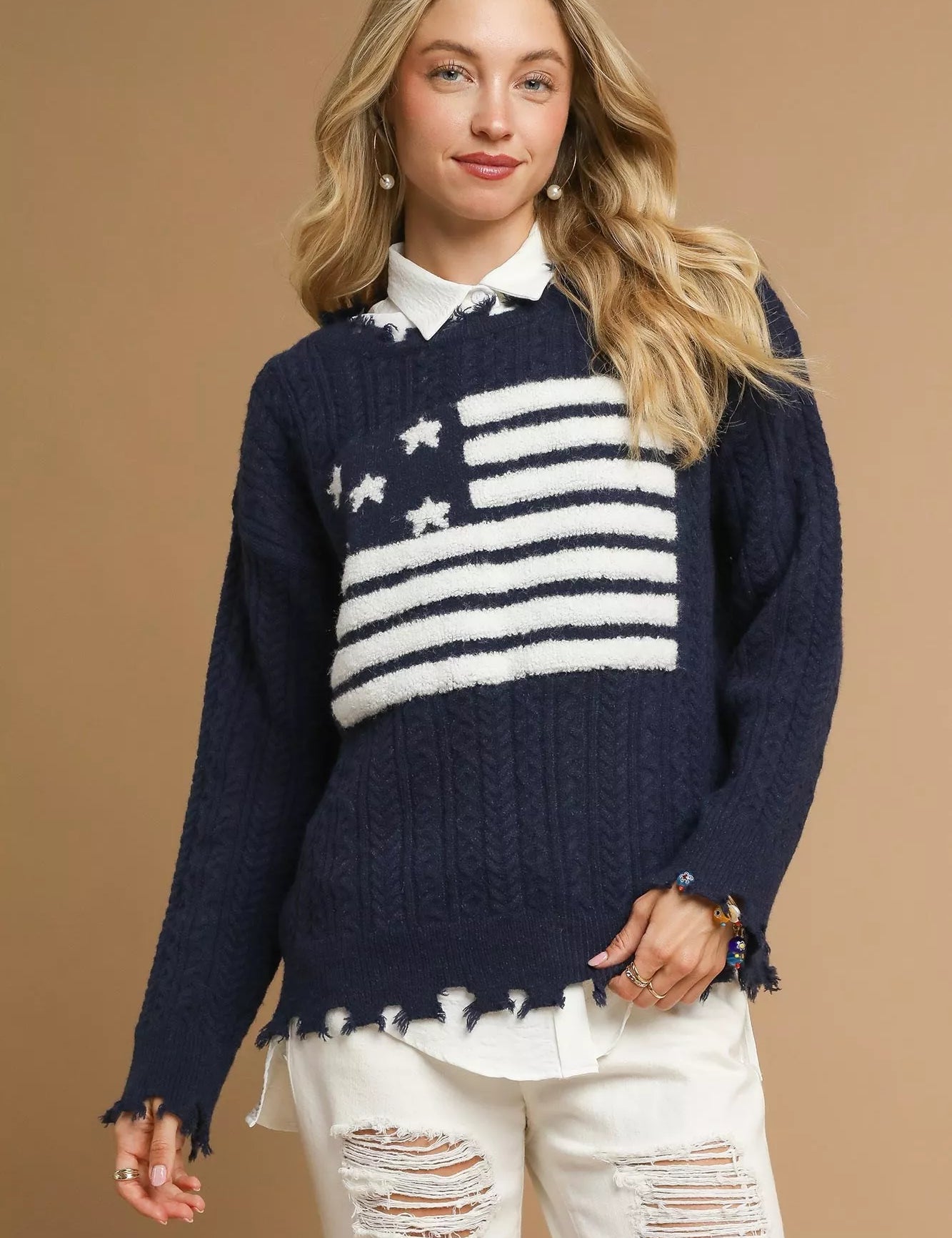 Navy Umgee Distressed American Flag Sweater Navy | Daverri Fashions