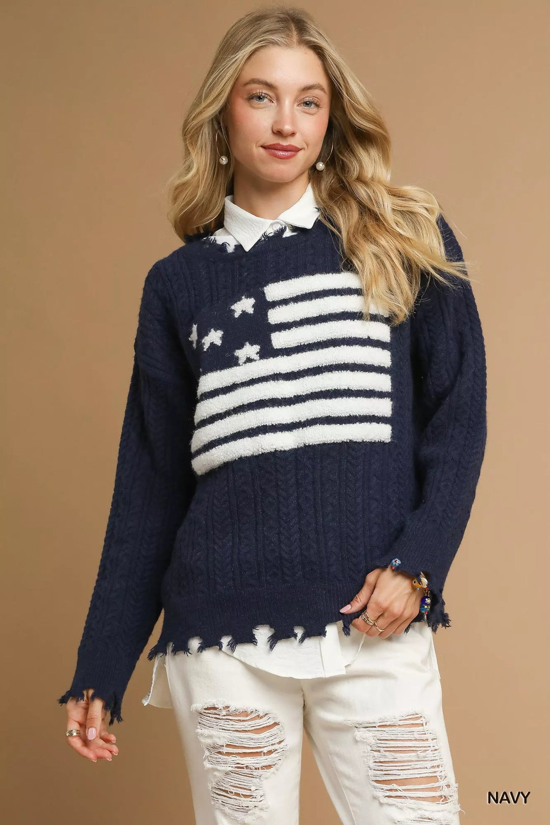 Navy Umgee Distressed American Flag Sweater | Daverri Fashions
