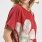 Red Umgee mineral wash French terry top with pastel flower patchwork