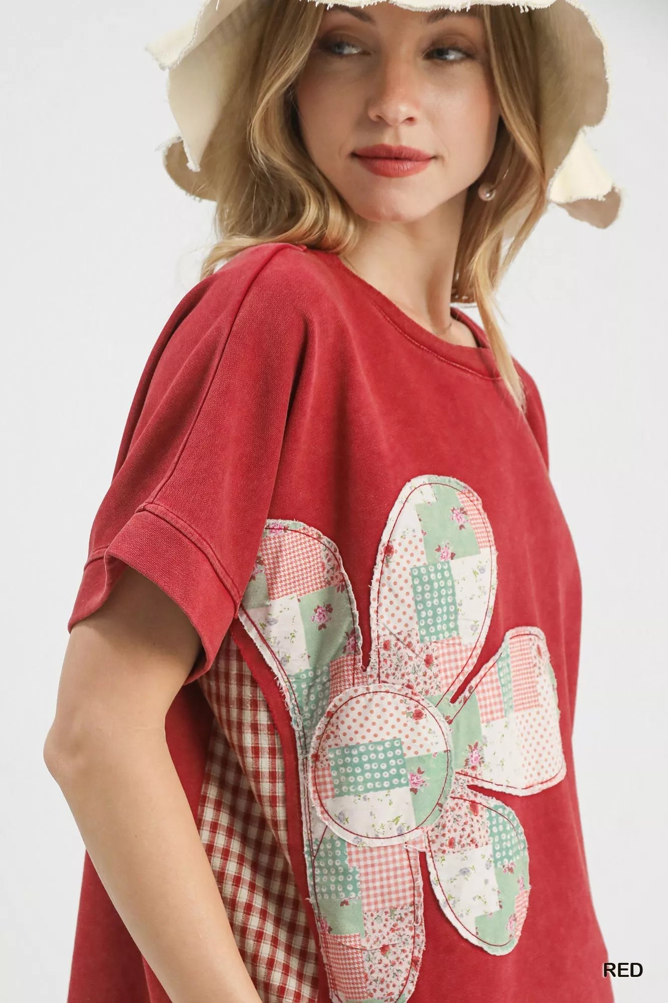 Red Umgee mineral wash French terry top with pastel flower patchwork